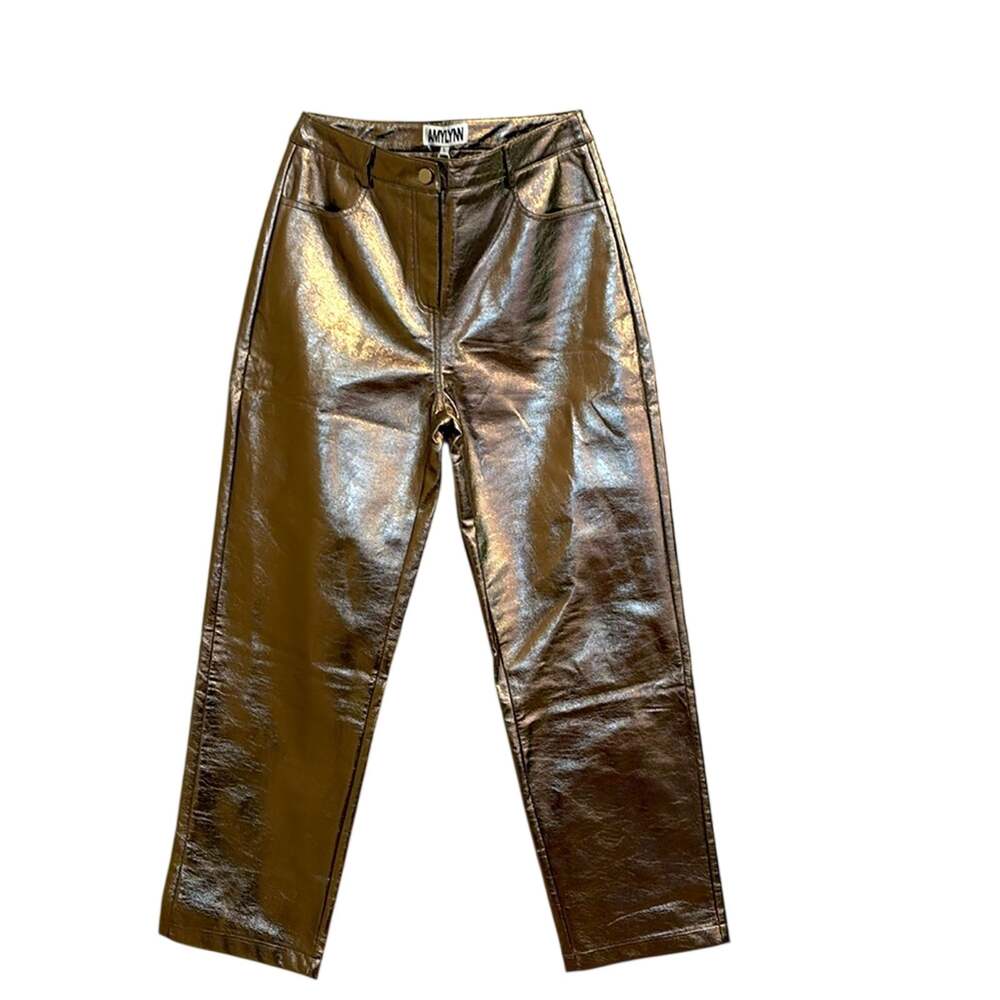 Amy Lynn Gunmetal Faux Leather Pants High Rise Straight Leg Size L